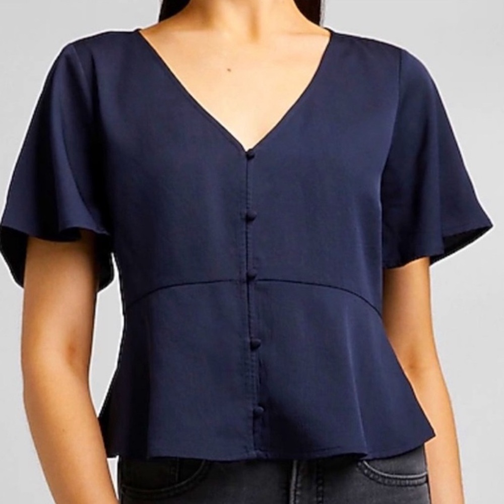 Express Button Front Flutter Sleeve Navy Blue Peplum Top-Size XS